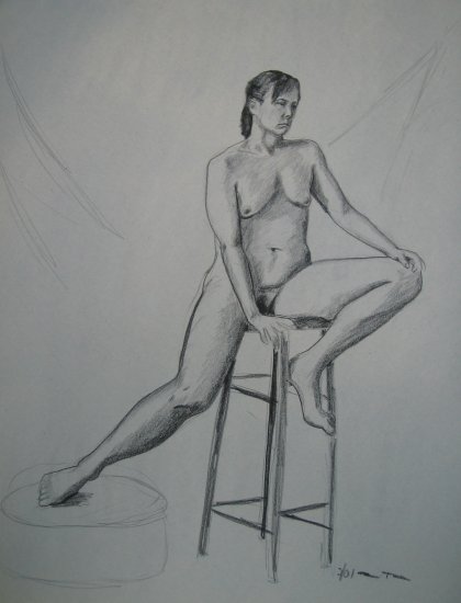 Original Charcoal Drawing Seated Female Nude Front View Art by LJT
