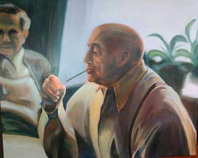 Original Oil Painting Portrait of Old Man Lighting Cigarette Art by LJT