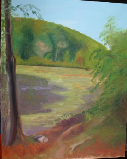 Original Landscape Oil Painting Trees Lake and Lily Pads Art by LJT