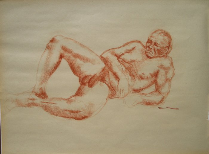 Original Conte Crayon Nude Life Drawing Large Muscular Male Reclining Frontal View Art by LJT