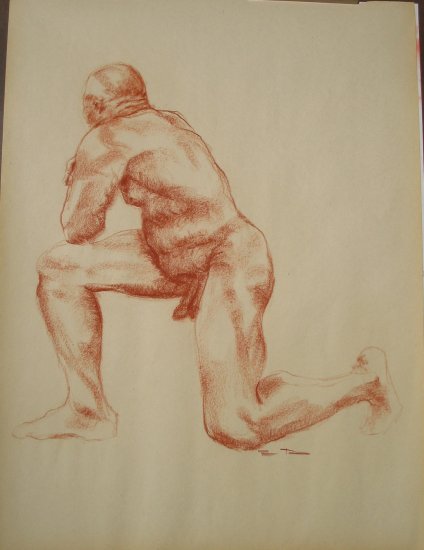 Original Conte Crayon Nude Life Drawing Large Muscular Male Kneeling Art by LJT