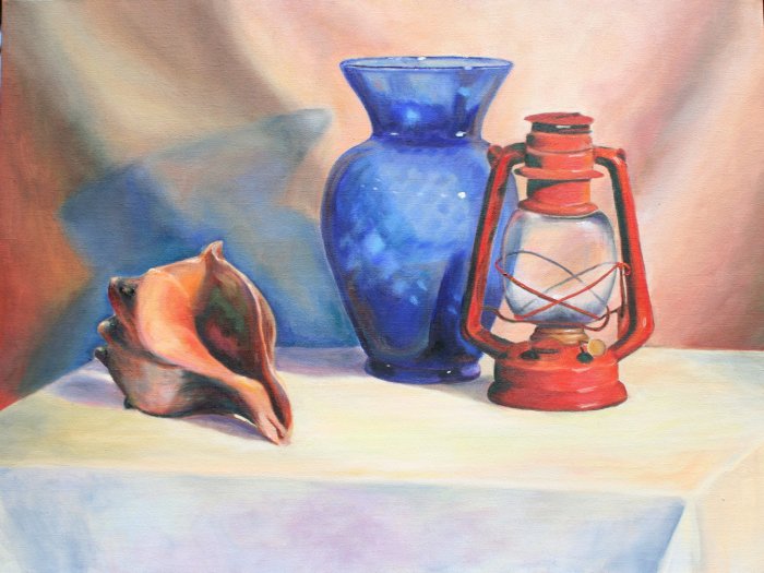 Original Oil Painting Still Life Blue Glass Vase Lantern Shell Stretched Canvas Art by LJT
