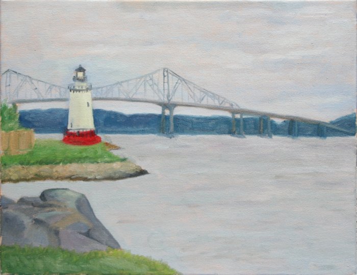 Original Oil Landscape Painting Lighthouse Hudson River Tapan Zee Bridge Palisades Art by LJT