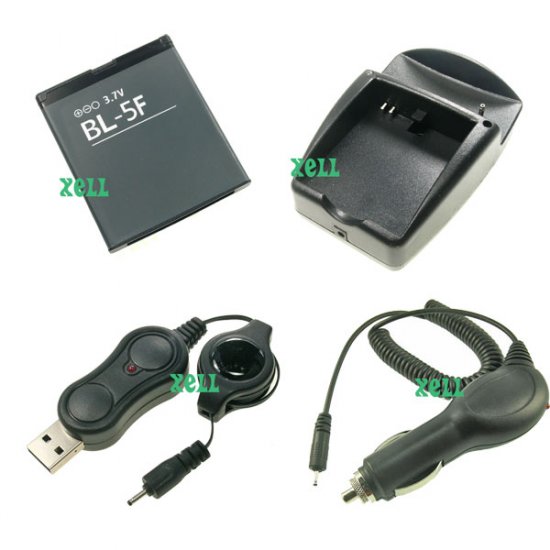 Battery BL-5F + In-car Charger + USB Charge Cable + Desktop Charger Kit for Nokia N95 E65