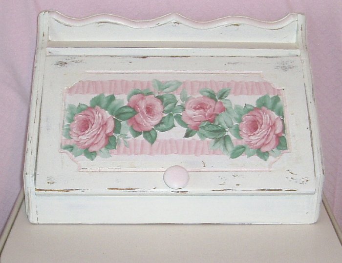 Vintage Shabby Pink & White Chic Storage/Bread Box w/Roses11x19x10