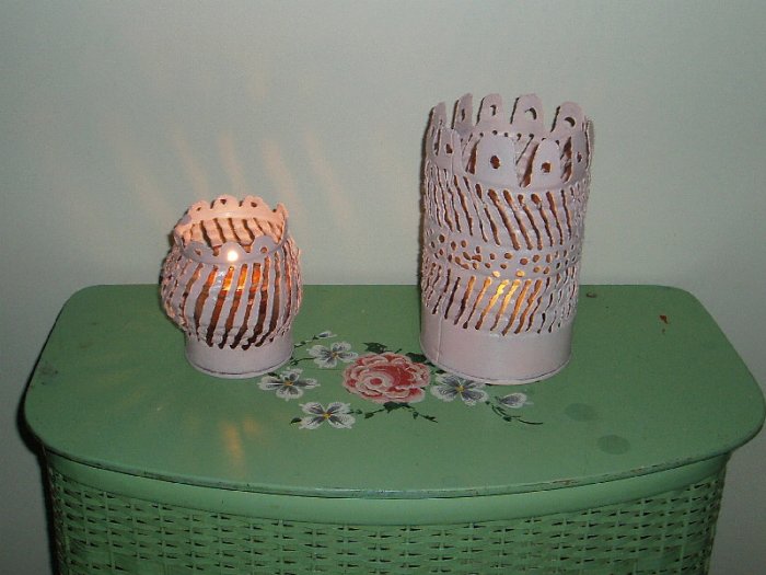 Vintage Shabby Pink Chic Candle Holders "Tincans"