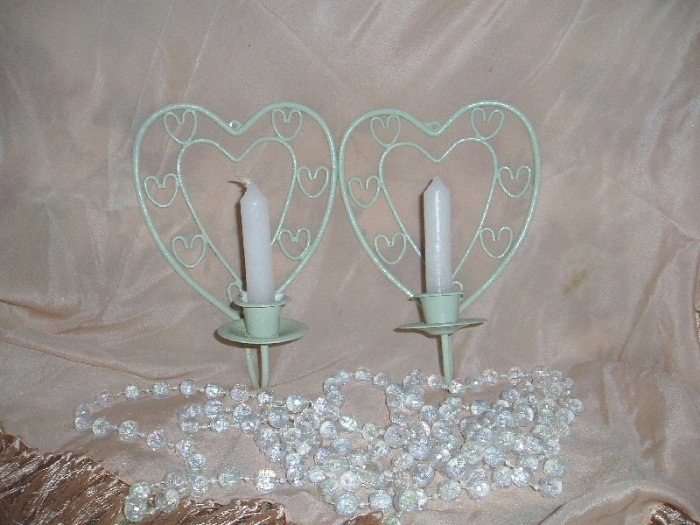 Shabby Green Pair of Chic Wall Sconce/Candle Holders