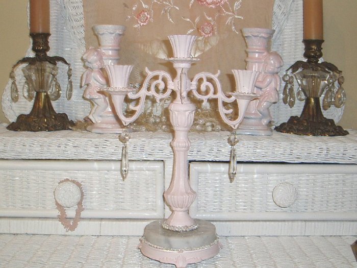 Vintage Shabby Pink Chic Metal&Marble Candelabra w/Prisms Claw Feet