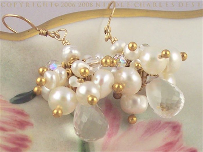 C H L O E - - Gorgeous Rock Crystal, Pearl, Gold, and Swarovski Austrian Crystal Drop Earrings