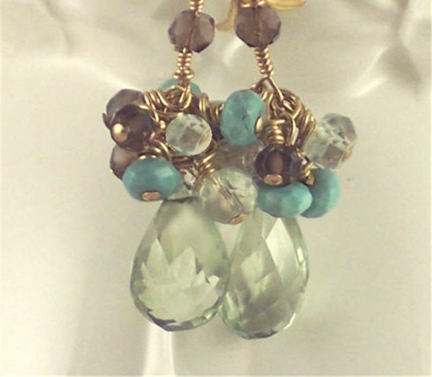 L A Y L A - - Prasiolite, Turquoise, Smoky Quartz, Aquamarine, and Gold Earrings