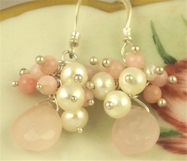 R O S A N N A - - Pale Pink Opal Beads, Freshwater Pearls, Rose Quartz and Silver Earrings