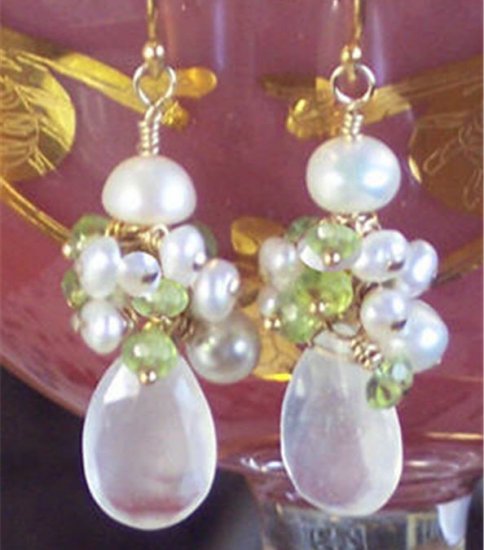 J O S E T T E - - Moonstone, Peridot, Freshwater Pearls and Gold Earrings