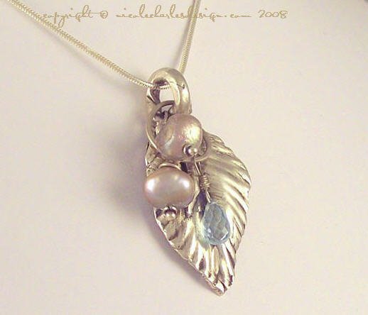 J O L I E - - FIne Silver Hand-Sculpted Leaf, Pearls and Swiss Blue Topaz on a Sterling Silver Chain
