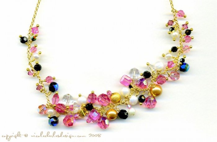V A L E N T I N E - - Swarovski Austrian Crystal, Freshwater Pearls, and Gold Necklace