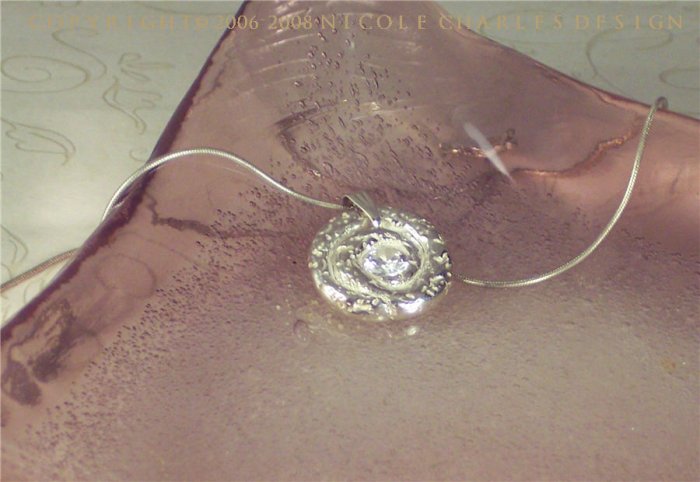 A U R O R E - - Organic Fine Silver and White Cubic Zirconia Pendant on Sterling SIlver Chain