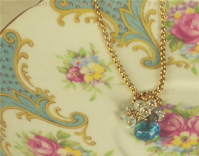 A M E L I E - -- Faceted Swiss Blue Topaz Briolette With Labdorite, on a Gold Oval Rolo Chain