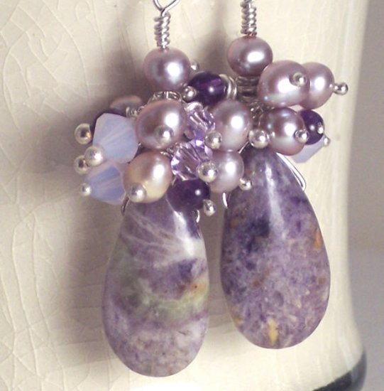 D I A N A - - Lepediolite, Freshwater Pearls, Amethyst, and Sterling Silver Earrings