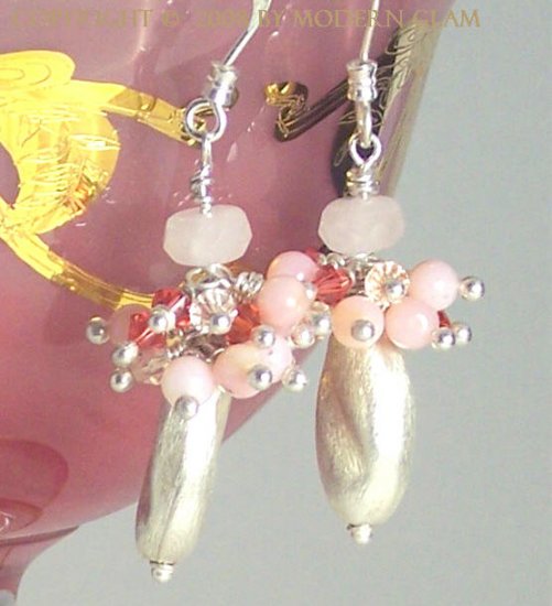 V E R O N I Q U E - - Pink Opals, Rose Quartz, Crystal and Sterling Silver Earrings