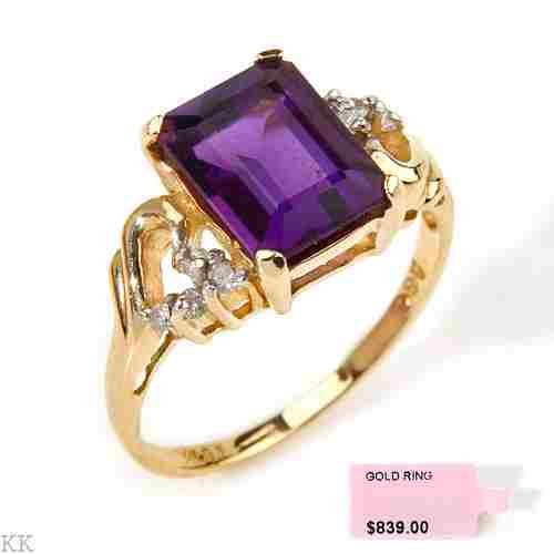 14K Gold 2 Carat Amethyst Diamond Ring