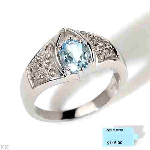 14K White Gold Blue Topaze Diamond Ring