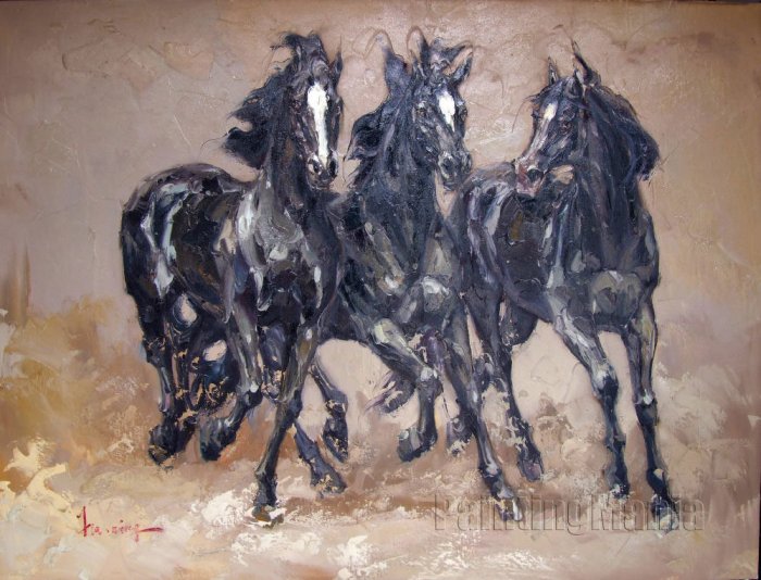 Three Black Horses Knife Painting oil on canvas