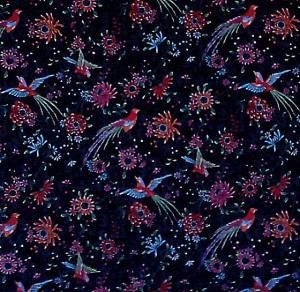 Cotton Fabric with Brightly colored birds on black background