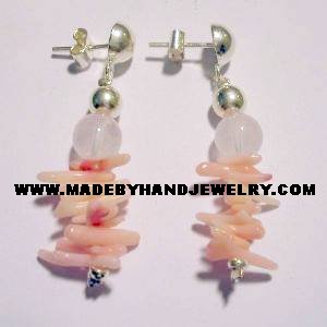 Handmade .950 Pure Silver Earrings with Pink Coral and Pink Quartz
