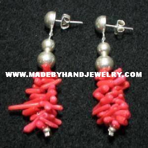 Handmade .950 Silver Earrings with Red Coral (gravel)