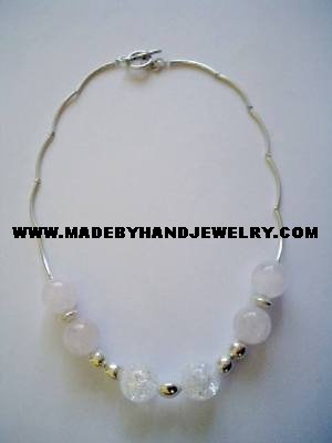 Handmade .950 Silver Necklace with Pink Quartz and Pink Crystals