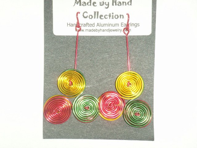 Sunrise Yellow/Wild Red/Forrest Green Triple Circles Design Aluminum Earrings -FREE SHIPPING-