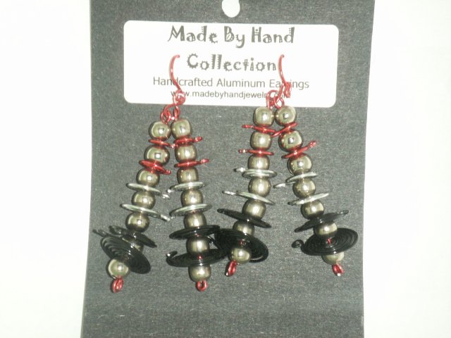Wild Red/Metallic Silver/Midnight Black Double Linear Design Aluminum Earrings -FREE SHIPPING-