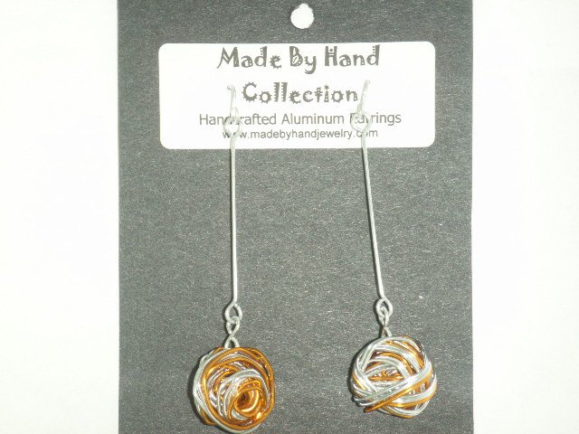 Penny Copper/Metallic Silver Long Weaved Ball Design Aluminum Earrings -FREE SHIPPING-