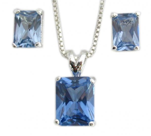 Sterling Emerald Cut Birthstone Pendant/Earrings