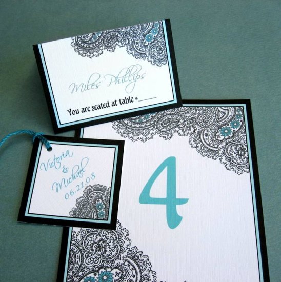 Paisley Reception Paper Sample Set - Wedding Favor Tags, Placecards/Escort Cards and Table Numbers