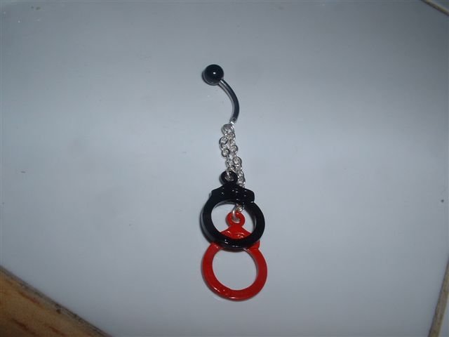 HandCuff Dangle Belly Ring 14G Red Black Handcuffs Dangle *FREE SHIP*