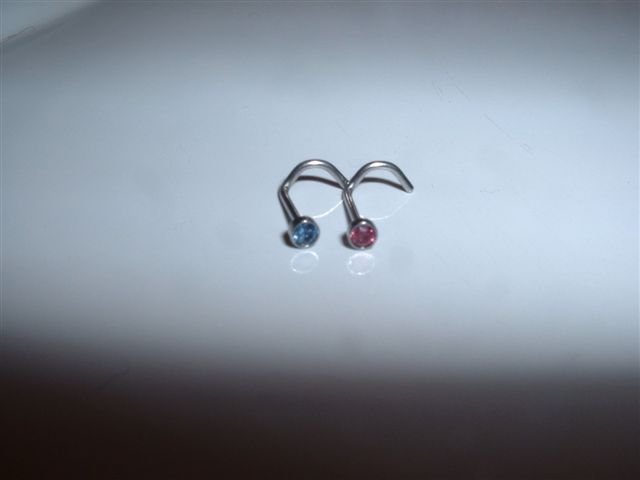 2 Nose Screws 20G With Crystals Pink & Baby Blue *FREE SHIP**
