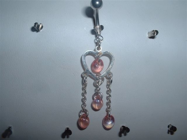 Pink Bead Dangle Belly Ring Silver Heart 14G *FREE SHIP*