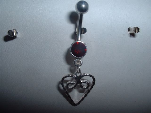 Silver Heart Dangle Belly Ring Navel Bar 14G With Ruby Swarovski Crystal *FREE SHIP*