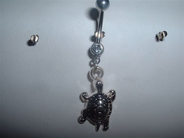 Silver Turtle Dangle Belly Ring Navel Bar 14G Swarovski Accents *FREE SHIP*