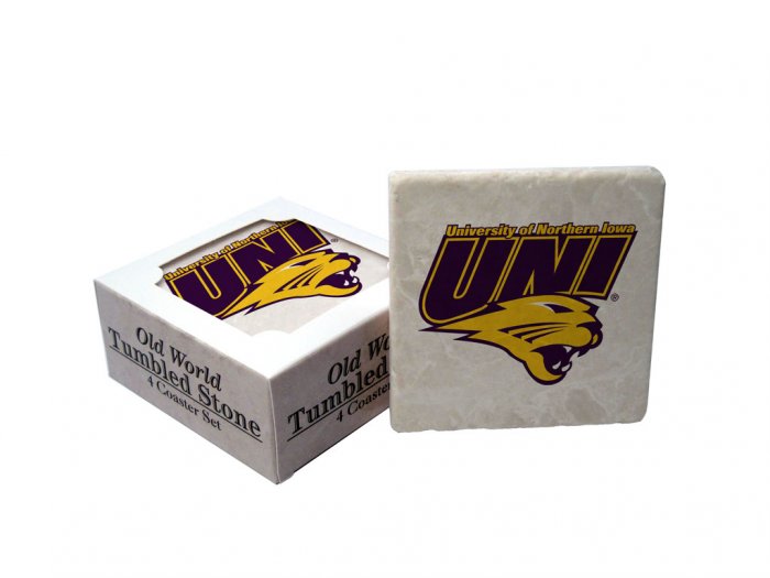 NORTHERN IOWA PANTHERS OLD WORLD TUMBLED STONE COASTER SET LIMITED EDITION FREE SHIPPING