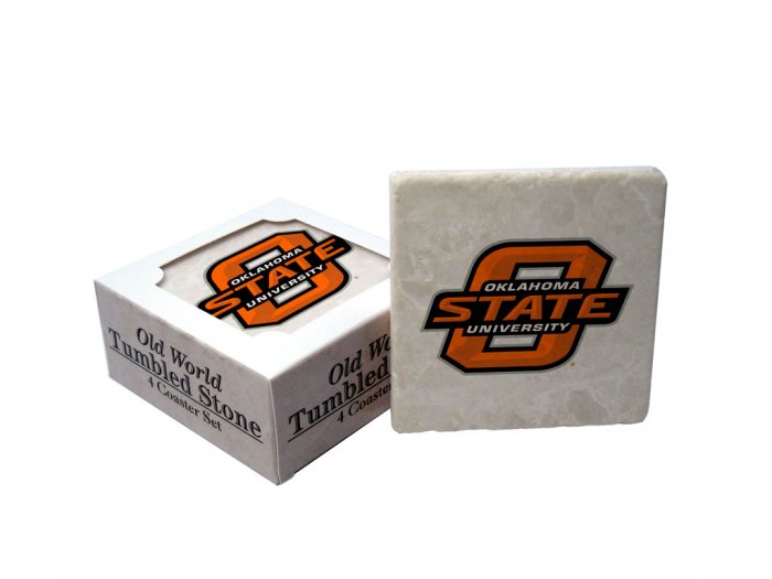 OKLAHOMA STATE COWBOYS OLD WORLD TUMBLED STONE COASTER SET LIMITED EDITION FREE SHIPPING