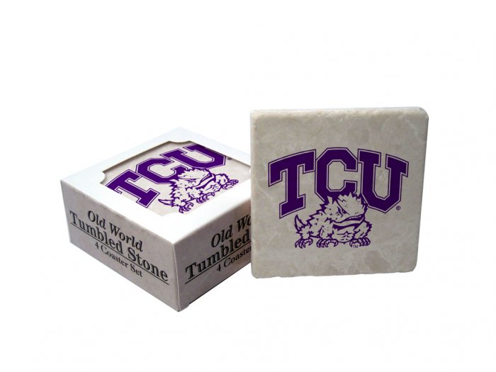 TCU TEXAS CHRISTIAN HORNED FROGS OLD WORLD TUMBLED STONE COASTER SET LIMITED EDITION FREE SHIPPING