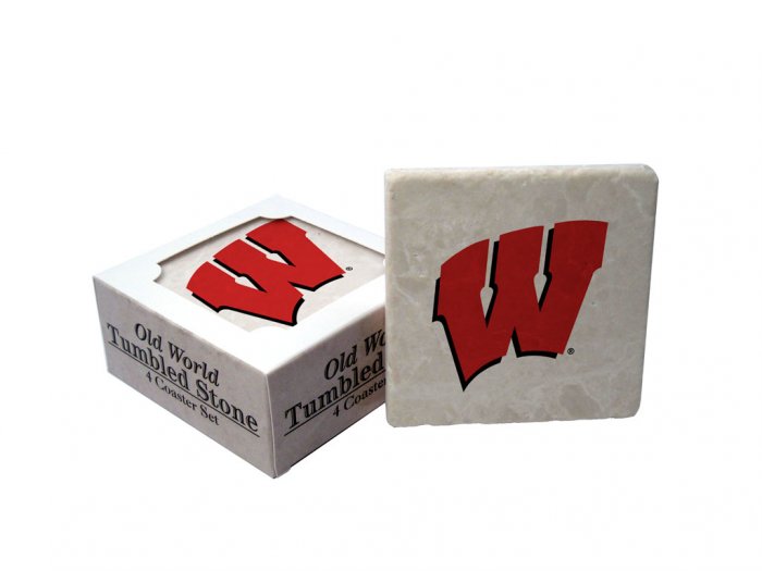 WISCONSIN BADGERS OLD WORLD TUMBLED STONE COASTER SET LIMITED EDITION FREE SHIPPING