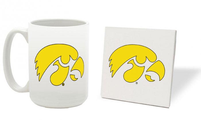 IOWA HAWKEYES 15 OUNCE CLASSIC COLLECTION LOGO SERIES MUG WITH MATCHING COASTER FREE SHIPPING