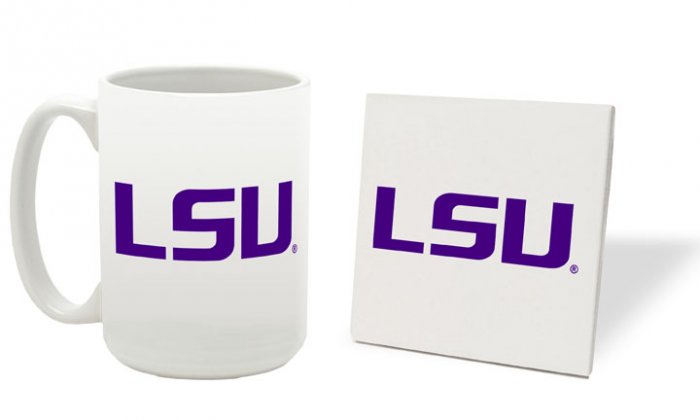 LSU LOUISIANA STATE TIGERS 15 OUNCE CLASSIC COLLECTION LOGO SERIES MUG WITH COASTER FREE SHIPPING