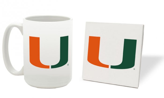 MIAMI HURRICANES 15 OUNCE CLASSIC COLLECTION LOGO SERIES MUG WITH MATCHING COASTER FREE SHIPPING