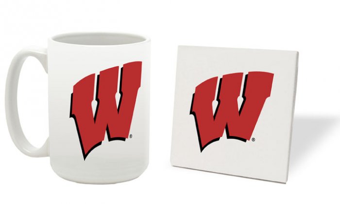 WISCONSIN BADGERS 15 OUNCE CLASSIC COLLECTION LOGO SERIES MUG WITH MATCHING COASTER FREE SHIPPING
