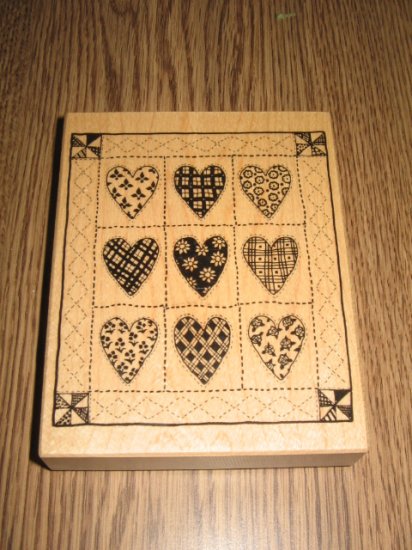 PSX Heart Quilt Wood Mounted Rubber Stamp K-1414 Retired Collectible