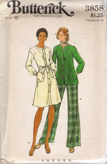 Vintage Sewing Pattern Misses' Dress Top Slightly Flared Pants 1970's Size 10 Butterick 3858 UNCUT
