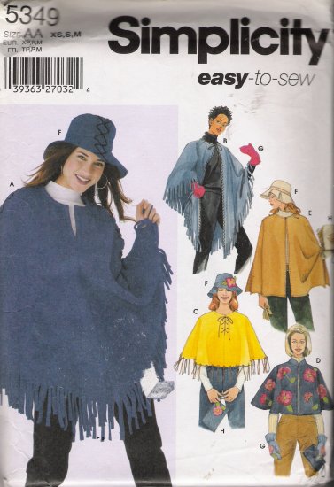 Misses' Ponchos Purse Hat Mittens Sewing Pattern Size XS, S, M Simplicity 5349 UNCUT